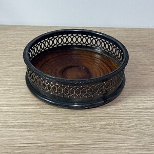 Round Decorative Wood & Metal Bottle Coaster Holder - Brown and Black